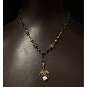 Vtg Necklace Pendant Desert Heart Bronze Disc Southwestern 18” Faceted Crystal